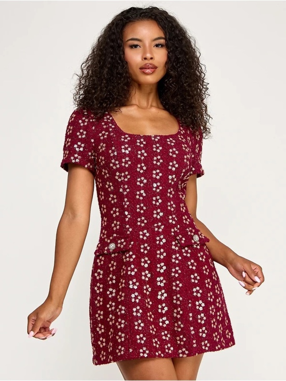 Macy's Burgundy Floral Sequin Short-Sleeve Scoop Dress